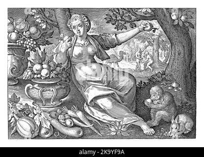 Sense Taste, Nicolaes de Bruyn, nach Maerten de Vos, 1581 - 1656 Frau als Personifizierung des Sinnesgeschmacks in einer Landschaft mit Vasen voller Fr. Stockfoto