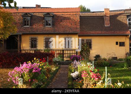 Weimar, Deutschland. 16. Oktober 2022. 16.10.2022, Weimar. Die Rückseite von Goethes ehemaligem Haus in Weimar mit dem Garten im Vordergrund. Der Privatrat, Dichter-Preisträger, Forscher und Naturforscher Johann Wolfgang von Goethe lebte mit seiner Familie viele Jahre im Weimarer Haus am Frauenplan und starb auch hier. Das Haus wurde im 19.. Jahrhundert zu einem Museum. Quelle: Wolfram Steinberg/dpa Quelle: Wolfram Steinberg/dpa/Alamy Live News Stockfoto