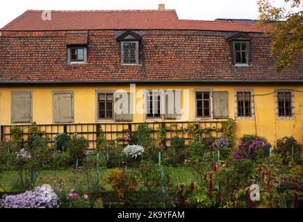 Weimar, Deutschland. 16. Oktober 2022. 16.10.2022, Weimar. Die Rückseite von Goethes ehemaligem Haus in Weimar mit dem Garten im Vordergrund. Der Privatrat, Dichter-Preisträger, Forscher und Naturforscher Johann Wolfgang von Goethe lebte mit seiner Familie viele Jahre im Weimarer Haus am Frauenplan und starb auch hier. Das Haus wurde im 19.. Jahrhundert zu einem Museum. Quelle: Wolfram Steinberg/dpa Quelle: Wolfram Steinberg/dpa/Alamy Live News Stockfoto