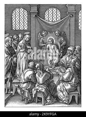 Christus als Zwölfjähriger im Tempel, Hieronymus Wierix, 1563 - vor 1619 sitzt Christus auf einem Thron im Tempel, zwei Engel hinter ihm. Er verjah Stockfoto