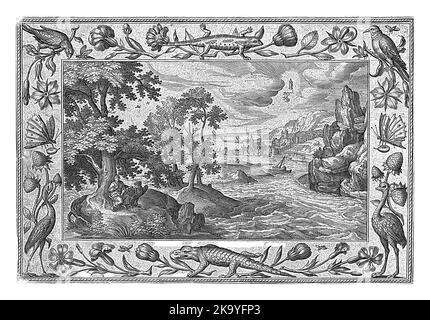 Seascape mit der Insel Patmos im Vordergrund. Auf der Insel sind der Apostel und Evangelist Johannes, zusammen mit dem Adler, evangelisches Symbol. Stockfoto