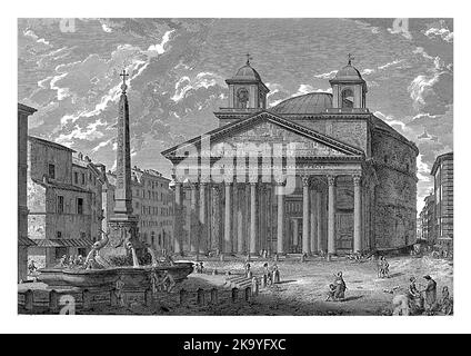 Blick auf die Piazza della Rotonda in Rom mit dem Pantheon und der Fontana del Pantheon. Titel am unteren Rand in italienischer und französischer Sprache. Stockfoto