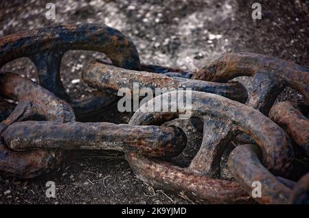 Eine große Kette, die für den Anker eines Schiffes verwendet wird, ist am 24. Oktober 2022 in Bayou La Batre, Alabama, abgebildet. Die Schwerlastkette ist mit schlauchlosen Schäkeln ausgestattet. Stockfoto