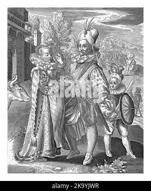 Dritte Lebensphase von dreißig Jahren, dargestellt als Soldat, der Auf Wiedersehen zu seiner Frau sagt und in den Krieg zieht. Stockfoto