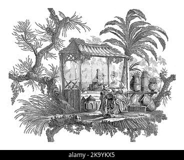 Chinesische Häuser und Figuren. Suite mit sechs Drucken. I. Pilling Inv. FA. aveline sc. London von I. Pillement, A Paris chez Basan, Francois-Antoine Aveline, Stockfoto