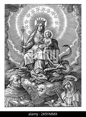 Maria als Himmelskönigin, mit dem Christkind, Hieronymus Wierix, 1563 - vor 1619 Maria als Himmelskönigin sitzt auf den Wolken mit dem Christkind Stockfoto