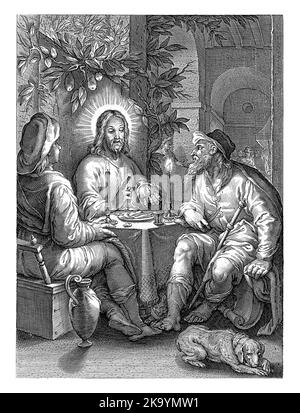 Christus am Tisch mit den Emmaus, während er das Brot segnete. Stockfoto