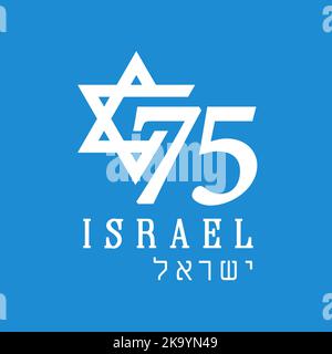 75 Jahre Israel Unabhängigkeitstag, blaues Banner. Emblem mit magen David und hebräischem Text - Israel. Vektorgrafik Stock Vektor