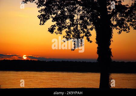 Die Sonne geht auf dem Mississippi River, nördlich von Memphis Tennessee, unter Stockfoto