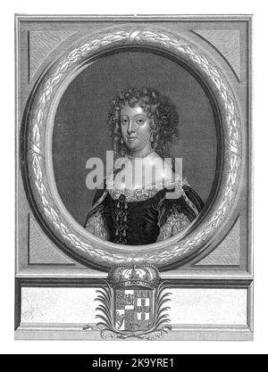 Porträt von Katharina von Braganza, Königin von England, in ovalem Rahmen in Form eines Lorbeerkranzes.