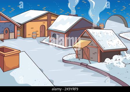 Handgezeichnete flache Winter Dorf Vektor-Design-Illustration Stock Vektor