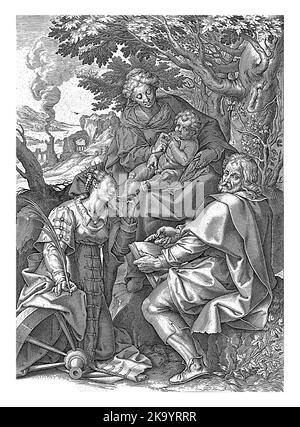 Heilige Familie, begleitet von Katharina von Alexandria, Hieronymus Wierix, nach Denys Calvaert, 1563 - vor 1611 sitzt Maria mit dem Christkind auf ihm Stockfoto