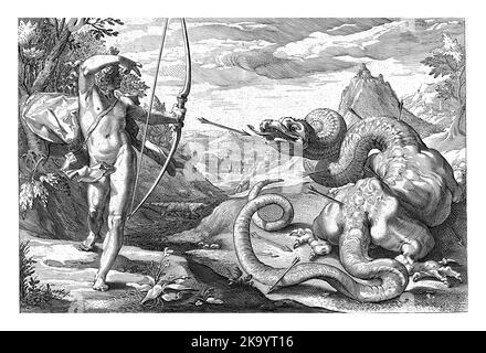 Apollo tötet die Riesenschlange Python (hier eher wie ein Drache, mit Beinen) mit vielen Pfeilen. Unterhalb der Performance zwei Zeilen lateinischer Text. Stockfoto