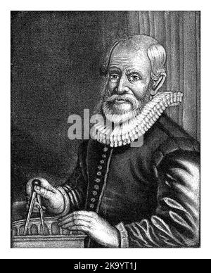 Der Architekt Cornelis Danckerts mit Kompass und Maßstabsmodell in der Hand. Stockfoto