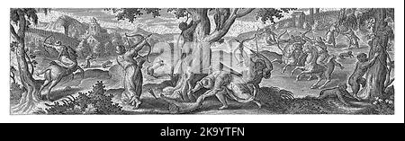 Reiter und Jäger zu Fuß schießen mit Bogen und Pfeilen auf Affen in den Bäumen. Der Druck hat eine lateinische Beschriftung und ist Teil einer Serie von 54 Drucken. Stockfoto