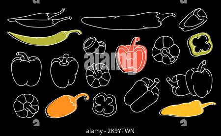 Ganze und halb verschiedene Paprika. Vegetarisch gesunde Lebensmittel. Handgezeichnete Paprikaschnur-Set. Scharfe Chili und Paprika Skizze. Vektorgrafik Stock Vektor