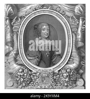 Porträt von Christine Marie von Frankreich, Herzogin von Savoyen. Das Porträt ist in einem ovalen Rahmen mit einem Füllhorn auf beiden Seiten. Unter dem Rahmen ihr Co Stockfoto