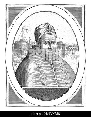Büste rechts von Papst Paul V., in einem ovalen Rahmen, auf dem eine Randinschrift mit Namen und Titel in lateinischer Sprache. Unter dem Porträt vier Zeilen auf Französisch Stockfoto