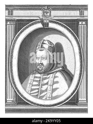 Porträt von Papst Paul V. in päpstlichen Gewändern, Kopf mit Kamauro. Büste links in einem ovalen Rahmen mit Randbeschriftung. Stockfoto