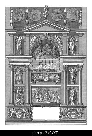 Grabmal mit dem Grab von Papst Adrian VI., in der Santa Maria dell'Anima in Rom. In der Mitte liegt der Papst auf einem Sarkophag (einem Gisant). Stockfoto