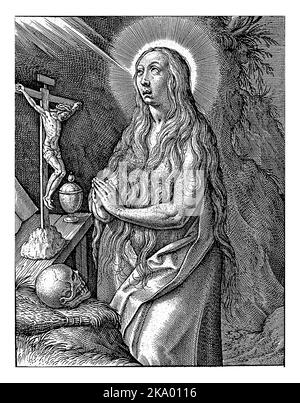 Die Büßende Maria Magdalena, Hieronymus Wierix, 1563 - vor 1619 betet die Büßende Maria Magdalena vor einem Kruzifix in einer Höhle. Für sie eine Geißel, eine Stockfoto