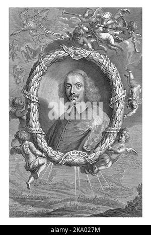 Porträt von Kardinal Giacomo Rospigliosi, Richard Collin, c. 1668 - c. 1697 Büste des Kardinals in ovalem Rahmen, getragen von Engeln. Stockfoto