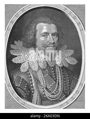 Porträt von George Villiers, dem ersten Earl of Buckingham, Büste mit Spitzenkragen und Perlenketten. Stockfoto