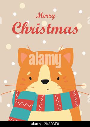 Illustration einer niedlichen Ingwerkatze in einem gestreiften Schal. Vektor-Weihnachtskarte. Stock Vektor