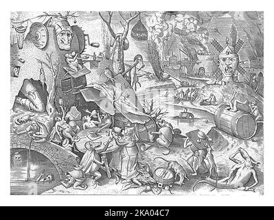 Völlerei, Pieter van der Heyden, nach Pieter Bruegel (I), 1558 die weibliche Personifizierung von Gluttonie (Gula) sitzt auf einem Schwein und trinkt aus einem Krug Stockfoto