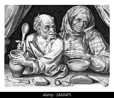 Mann und Frau essen Brei, Nicolaes de Bruyn, 1581 - 1656 Mann und Frau sitzen am Tisch und essen Brei aus einem Krug und einer Schüssel. Stockfoto