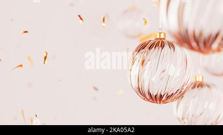 Frohes neues Jahr Glaskugeln mit fallendem Glitzer, Weihnachtsdekoration. Realistische 3D Render-Darstellung von Glaskugeln auf weißem Hintergrund Stockfoto