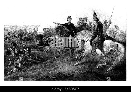 Der Herzog von Wellington zu Pferd unter seinen Stabsoffizieren, während der Schlacht von Waterloo am 18. Juni 1815. Mit einem Fernglas in der Hand zeigt er auf Th Stockfoto