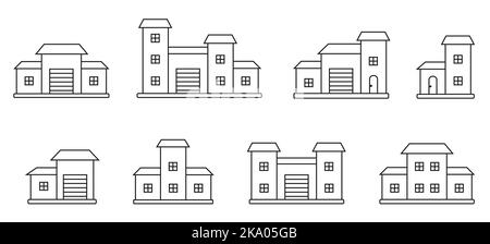 Häuser außen Vorderansicht schwarze Linie Symbol-Set. Malbuch Seite mit Wohn Stadthaus Gebäude Wohnung. Home Fassade mit Türen und Fenstern. Verschiedene Form städtischen Vorort Stadt Haus Hütte Stock Vektor