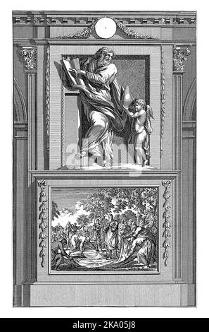 St. Cyprian von Karthago, Jan Luyken, nach Jan Goeree, 1698 St. Cyprian von Karthago zeigt einen Engel mit einer Mitra auf eine Passage in einem Buch. Stockfoto