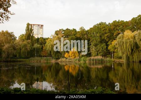 Ein ruhiger Waldsee reflektiert den Herbstwald, ein einsames Stadthaus steht in der Ferne Stockfoto