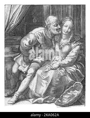 Ungleiche Liebe, Jacob Goltzius (II), nach Hendrick Goltzius, 1584 - 1630 ein alter Mann sitzt auf einem Stuhl und fühlt sich in seiner Handtasche. Neben ihm eine junge Frau o Stockfoto
