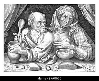 Mann und Frau sitzen am Tisch und essen Brei. Der deutsche Vers am unteren Rand spielt auf den Verzehr des nahrhaften Haferbrei an, der sich hält Stockfoto