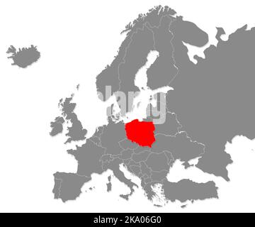 Karte von Polen mit rot in Europa hervorgehoben. 3D Rendern Stockfoto