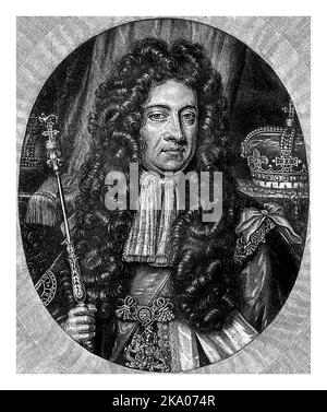 George I., König von Großbritannien. In seiner Hand das Zepter und neben ihm die Krone. Er trägt die Orderkette des Strumpfordens. Im märz Stockfoto