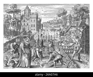 Spring, Nicolaes de Bruyn, nach Maerten de Vos, c. 1600 Schlossgarten mit Frühlingsaktivitäten: Beschneiden und Rechen im Garten und Scheren von Schafen Stockfoto