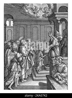 Präsentation der Maria im Tempel, Hieronymus Wierix, 1563 - vor 1619 wird die junge Maria von ihrem Vater und ihrer Mutter und Engeln begleitet Stockfoto