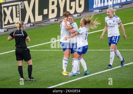 Historisches Damen-Fußballspiel in der Platinumcars Arena in Norrköping zwischen IFK Norrköping und Bergdalens IK im schwedischen Elitettan der zweiten Klasse. Stockfoto