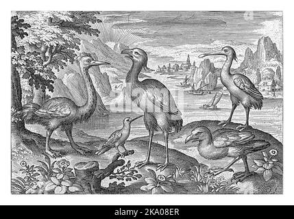 Gekrönter Kranich zwischen zwei Straußen, Nicolaes de Bruyn, 1594, Jahrgang graviert. Stockfoto