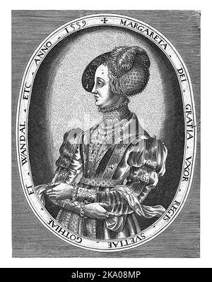 Porträt von Margaretha Leijonhufvud, Königin von Schweden, halblang nach links in einem ovalen Rahmen mit lateinischer Randschrift. Stockfoto