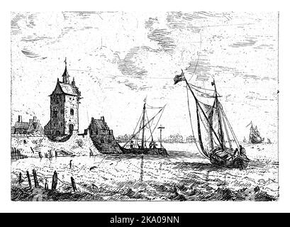 Hafenansicht mit Wachturm, Bonaventura Peeters (I), 1624 - 1652 Stockfoto