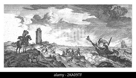 Im Vordergrund sieht ein Postbote auf dem Pferderücken einen Sturm auf dem Meer. Ein Schiff sinkt in den tobenden Wellen. Stockfoto