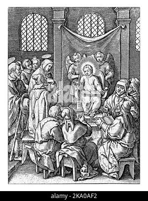 Christus als Zwölfjähriger im Tempel, Hieronymus Wierix, 1563 - vor 1619 sitzt Christus auf einem Thron im Tempel, zwei Engel hinter ihm. Stockfoto