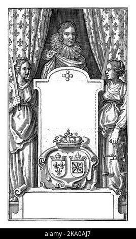 Faith and Justice flankieren einen Sockel, auf dem der Titel des Buches abgebildet ist. Oben, zwischen zwei Draperien, die Büste des französischen Königs Ludwig XIII Stockfoto