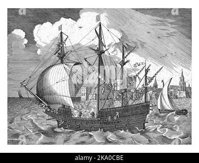 Ein viermastiger Schiff segelt aus dem Hafen ins offene Meer. Ein kleineres Schiff auf der rechten Seite. Im Hintergrund eine Festung am Hafenkopf. Stockfoto