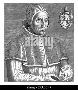 Porträt von Papst Adrian VI. Er hat ein Buch in seinen Händen. Oben rechts sein Wappen mit der päpstlichen Tiara und den Schlüsseln Petri. Stockfoto